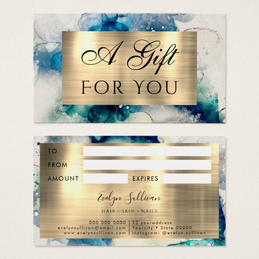 Blue Blauwgroen Waterverf en Gold Foil Gift Kaart (Voorkant /achterkant)