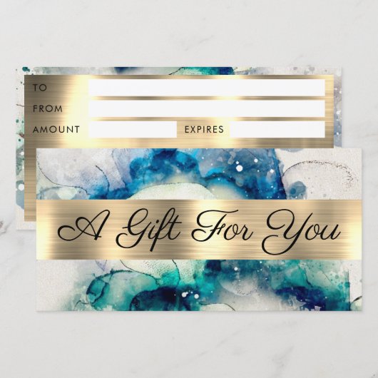 Blue Blauwgroen Waterverf Gold Foil Cadeaubon (Voorkant / Achterkant)