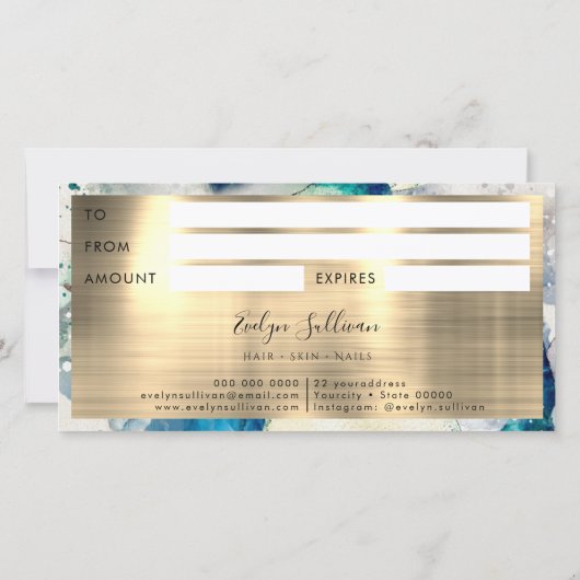 Blue Blauwgroen Waterverf Gold Foil Cadeaubon (Achterkant)