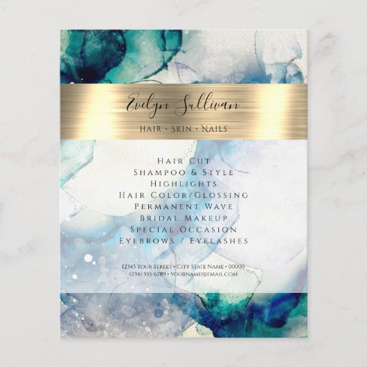 Blue Blauwgroen Waterverf Gold Foil Flyer (Voorkant)