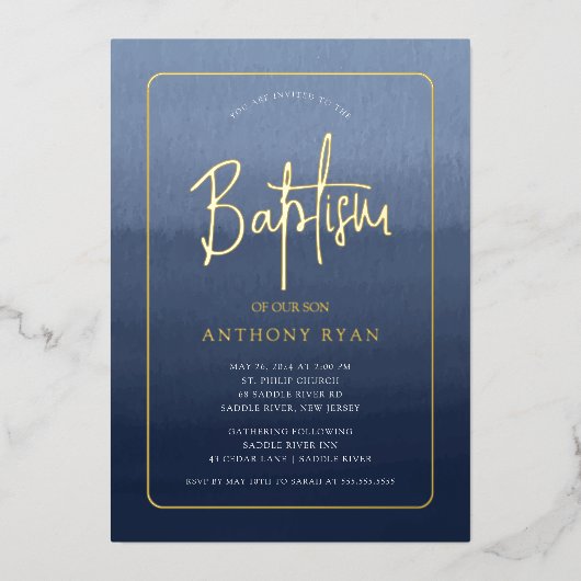 Blue Blessings Baptism Invitation Folie Uitnodiging (Voorkant)