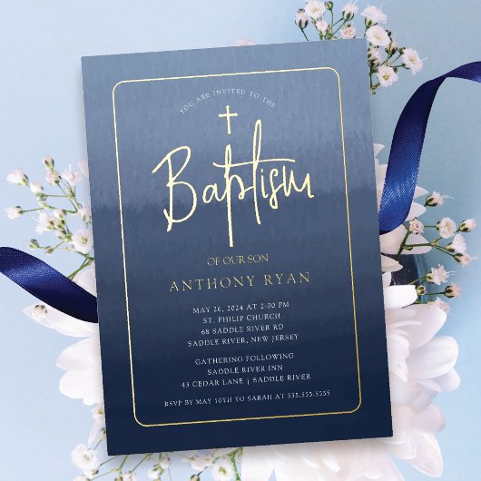 Blue Blessings Baptism Invitation Folie Uitnodiging