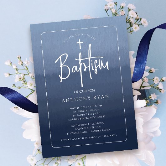 Blue Blessings Baptism Invitation Kaart