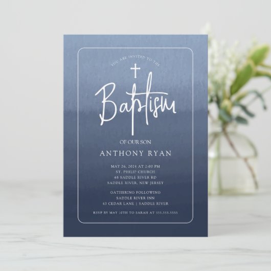 Blue Blessings Baptism Invitation Kaart (Staand voorkant)