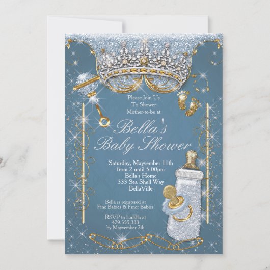 Blue Bling Glitter Baby Shower-uitnodigingen Kaart (Voorkant)