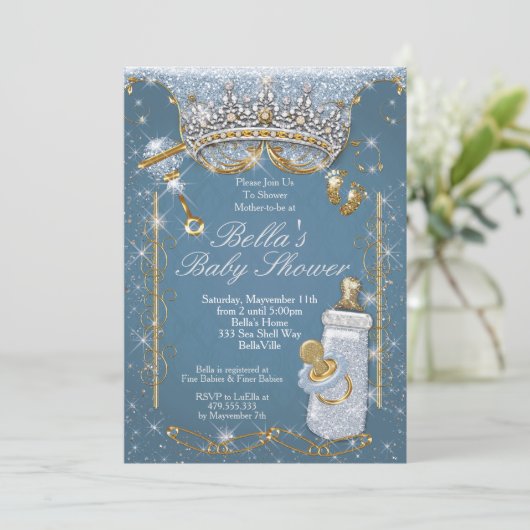 Blue Bling Glitter Baby Shower-uitnodigingen Kaart (Staand voorkant)