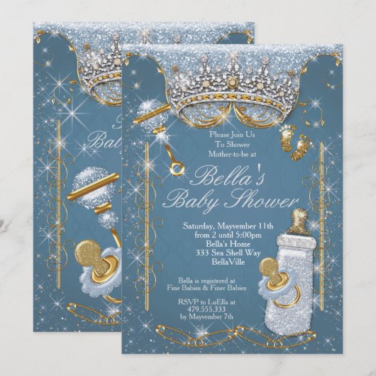 Blue Bling Glitter Baby Shower-uitnodigingen Kaart (Voorkant / Achterkant)