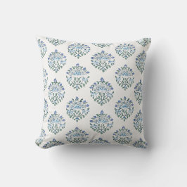 Blue Block Print Medallion, Sage Leaves Kussen