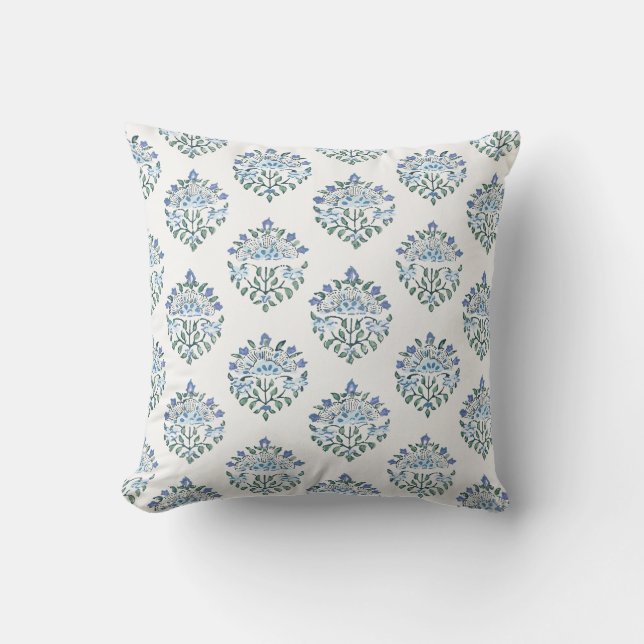 Blue Block Print Medallion, Sage Leaves Kussen (Voorkant)