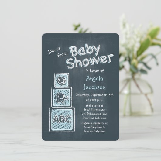 Blue Blocks Chalkboard Baby shower Uitnodiging (Staand voorkant)