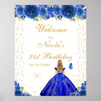 Blue Blonde Hair Girl Birthday Party Welcome Poster