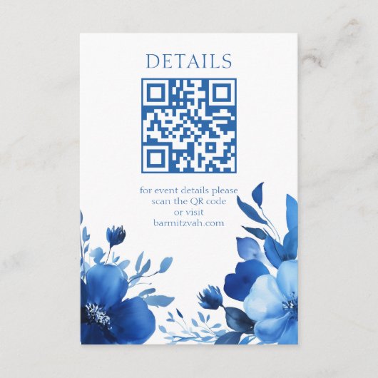 Blue Blooms Waterverf BAT MITZVAH AANGEPASTE QR-co Informatiekaartje (Voorkant)