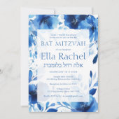 Blue Blooms Waterverf BAT MITZVAH CUSTOM Hebreeuws Kaart (Voorkant)