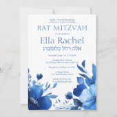 Blue Blooms Waterverf BAT MITZVAH CUSTOM Hebreeuws Kaart (Voorkant)