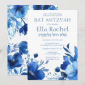 Blue Blooms Waterverf BAT MITZVAH CUSTOM Hebreeuws Kaart (Voorkant / Achterkant)