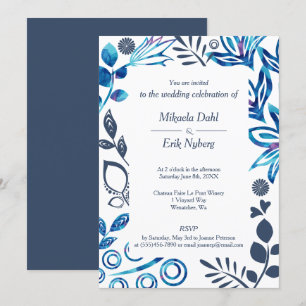 Blue, Bluish Gray Floral Pattern Frame Wedding Kaart