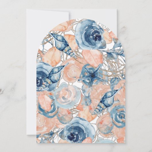 Blue Blush Beach Waterverf Shell Flowers Wedding Kaart (Achterkant)