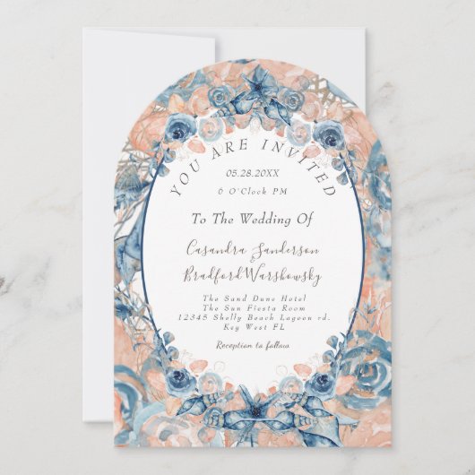 Blue Blush Beach Waterverf Shell Flowers Wedding Kaart (Voorkant)