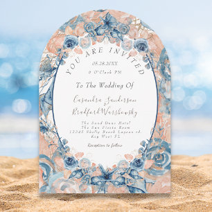 Blue Blush Beach Waterverf Shell Flowers Wedding Kaart