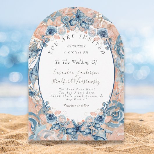 Blue Blush Beach Waterverf Shell Flowers Wedding Kaart