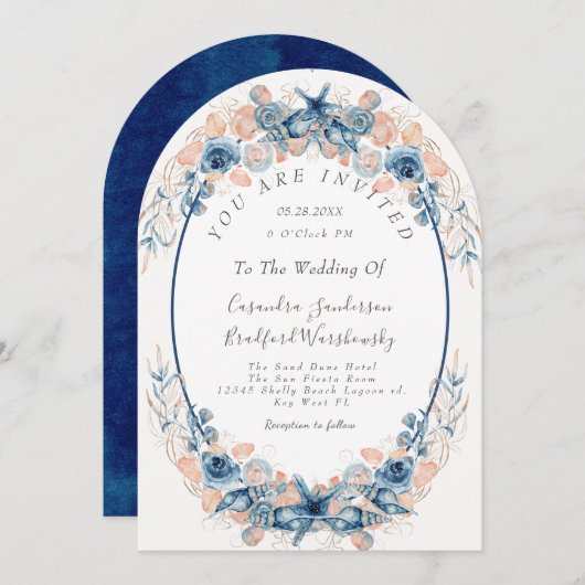 Blue Blush Beach Waterverf Shell Flowers Wedding Kaart (Voorkant / Achterkant)