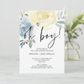 Blue Blush Bloemen Oh Boy Baby shower Party Kaart (Staand voorkant)
