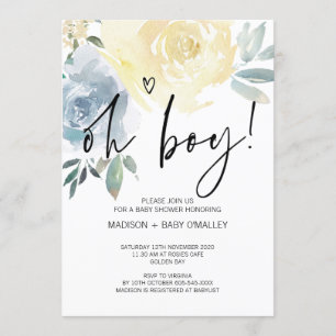 Blue Blush Bloemen Oh Boy Baby shower Party Kaart