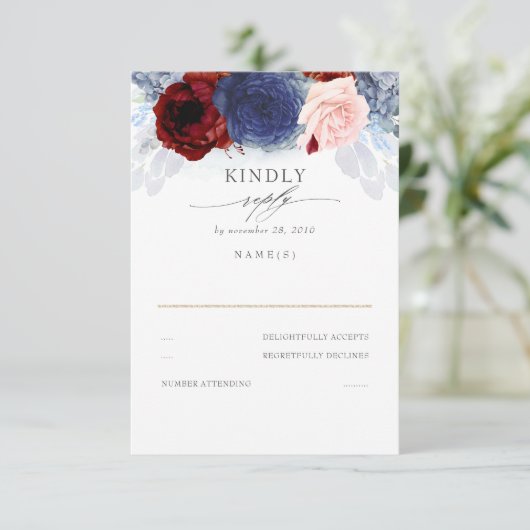 Blue Blush en Bourgogne Red Wedding RSVP (Staand voorkant)
