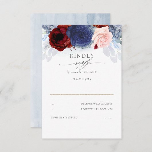 Blue Blush en Bourgogne Red Wedding RSVP (Voorkant / Achterkant)