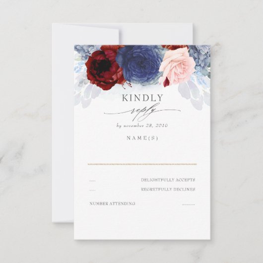 Blue Blush en Bourgogne Red Wedding RSVP Kaartje (Voorkant)