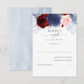 Blue Blush en Bourgogne Red Wedding RSVP Kaartje (Voorkant / Achterkant)