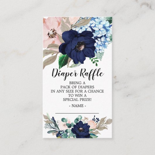 Blue Blush Floral Baby shower Luier Raffle Ticket Informatiekaartje (Voorkant)