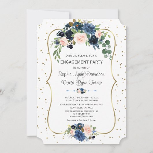 Blue Blush Floral Gold Glitter Confetti Verloving Kaart (Voorkant)