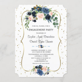 Blue Blush Floral Gold Glitter Confetti Verloving Kaart