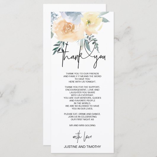 Blue Blush Floral Weddenschap Bedankt voor het ins Menu (Voorkant / Achterkant)