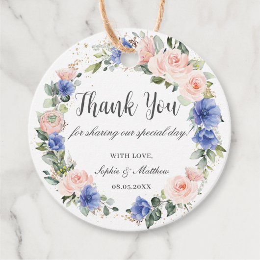 Blue Blush Floral Wedding Bridal Favor Dank je Bedankjes Labels (Voorkant)