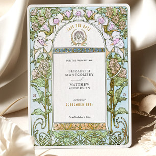 Blue & Blush Florals Art Nouveau Bewaar de datum Kaart