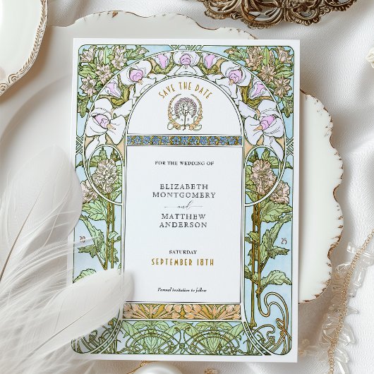 Blue & Blush Florals Art Nouveau Bewaar de datum Kaart