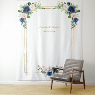 Blue Blush Flowers Bloom Photo Booth Weddenschap Wandkleed