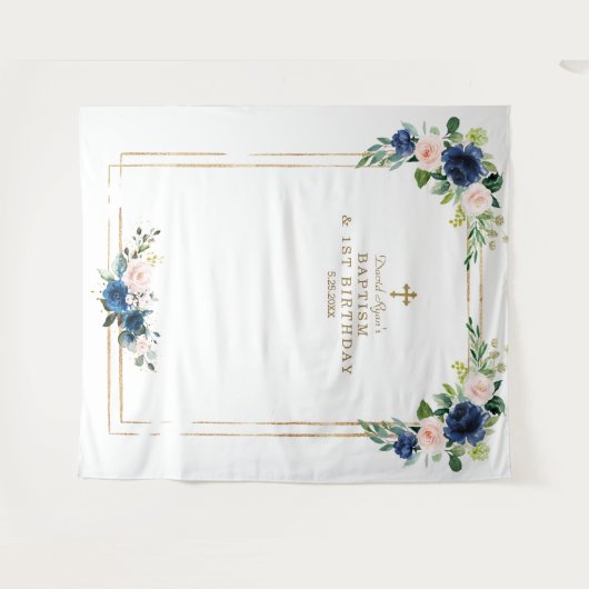 Blue Blush Flowers Photo Booth Birthday Baptisme Wandkleed (Voorkant (horizontaal))