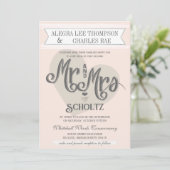 Blue Blush Peach Mr en Mrs Typography Wedding Kaart (Staand voorkant)