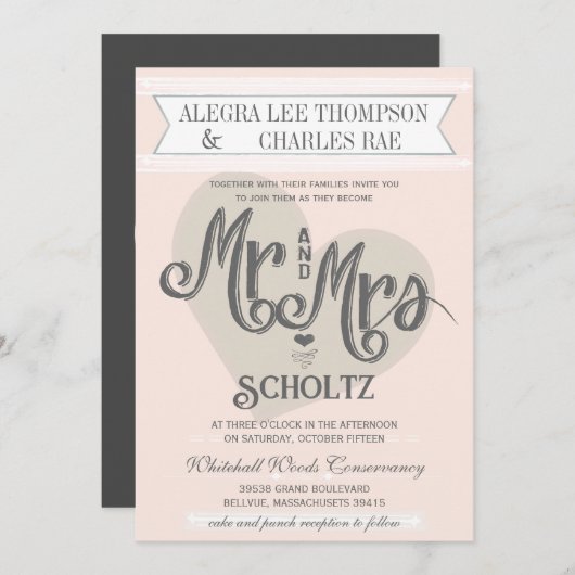 Blue Blush Peach Mr en Mrs Typography Wedding Kaart (Voorkant / Achterkant)