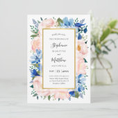 Blue Blush Pink Floral Gold Wedding Kaart (Staand voorkant)