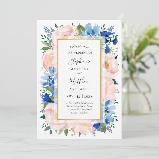 Blue Blush Pink Floral Gold Wedding Kaart (Staand voorkant)