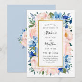 Blue Blush Pink Floral Gold Wedding Kaart (Voorkant / Achterkant)