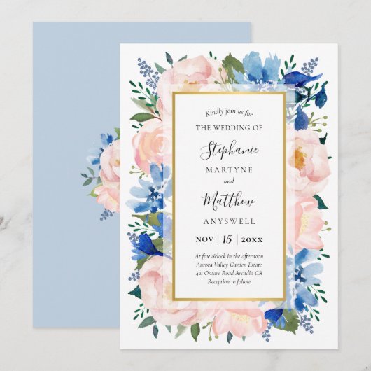 Blue Blush Pink Floral Gold Wedding Kaart (Voorkant / Achterkant)
