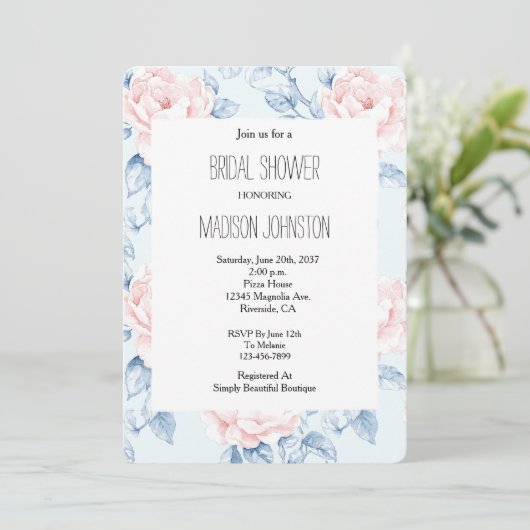 Blue Blush Pink Floral Vrijgezellenfeest Kaart (Staand voorkant)