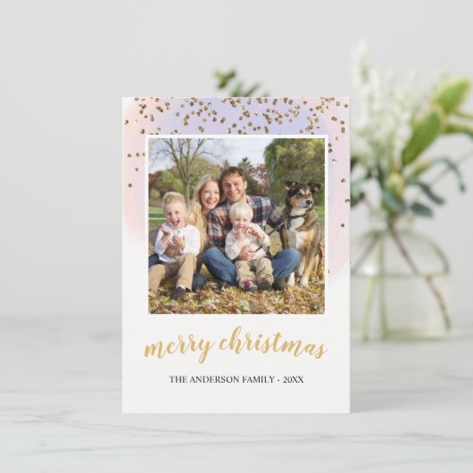 Blue Blush Pink Gold Glitter Confetti Christmas Feestdagenkaart (Staand voorkant)