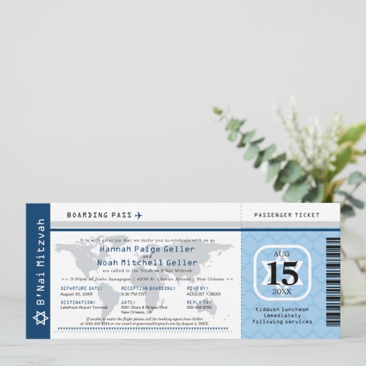 Blue B'Nai Mitswa World Traveller Boarding Pass Kaart (Staand voorkant)