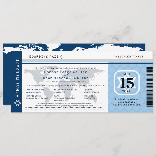 Blue B'Nai Mitswa World Traveller Boarding Pass Kaart (Voorkant / Achterkant)